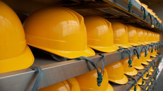 Bright Yellow Hardhats - closeup