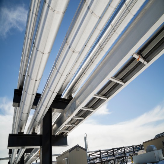 View from below of gas plant pipeline